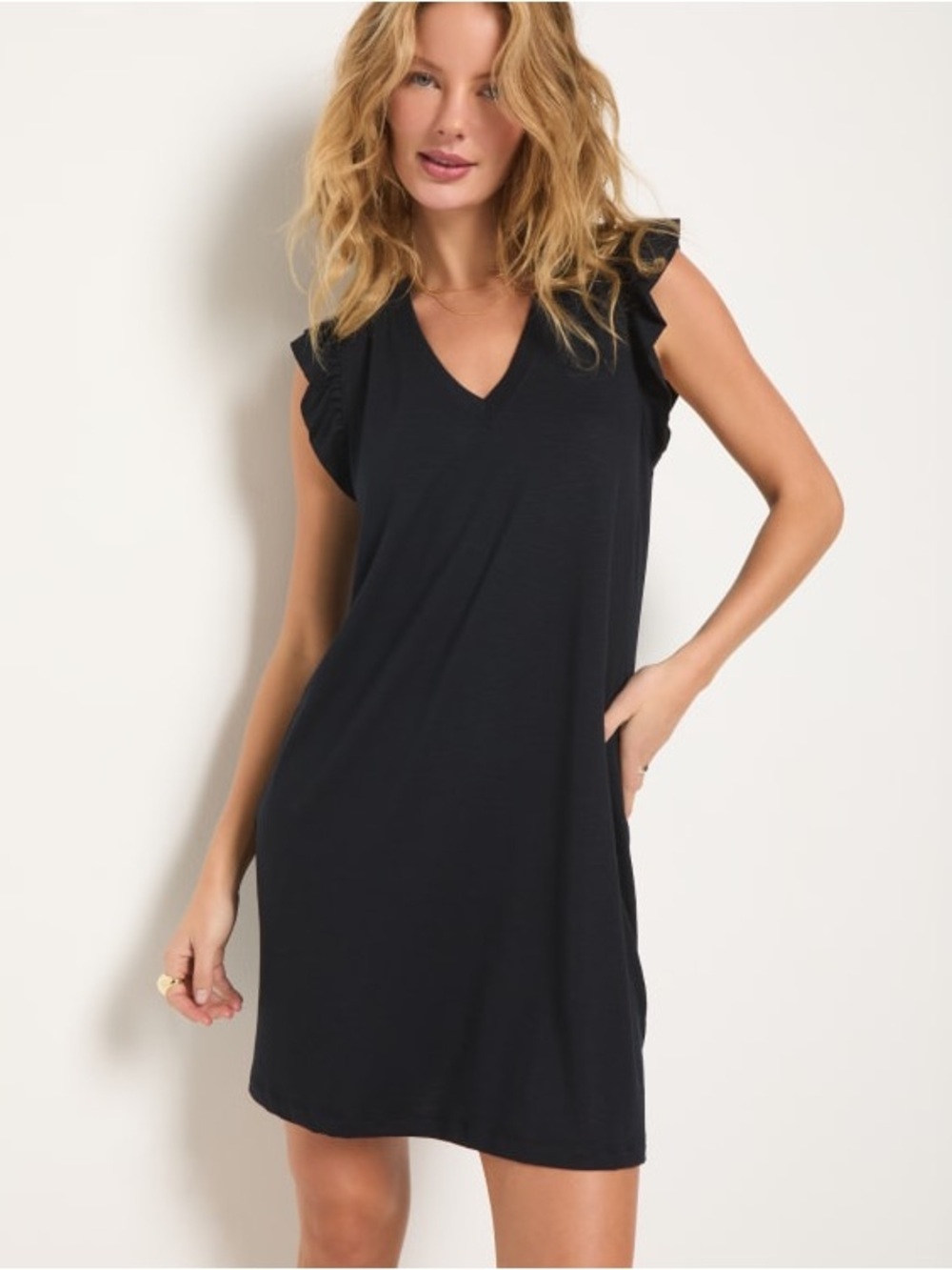 Emery Rose Black V-Neck Ruffle Sleeve Shift Dress NWT
